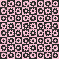 checkers seamless pattern with geometric flowers. Simple and trendy flat vector illustration in retro style. Colorful background, checkerboard, 60s, 70s, hippie aesthetic