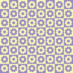 checkers seamless pattern with geometric flowers. Simple and trendy flat vector illustration in retro style. Colorful background, checkerboard, 60s, 70s, hippie aesthetic
