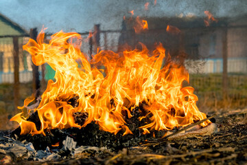 Garbage incineration on the farm. Atmospheric pollution by smoke from the hearth