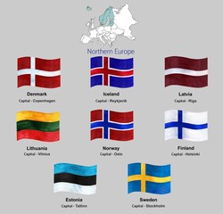 Set of Northern Europe flags isolated on background