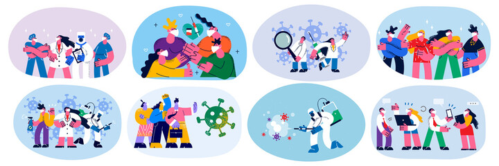 Set of diverse people and doctors fight with covid-19 