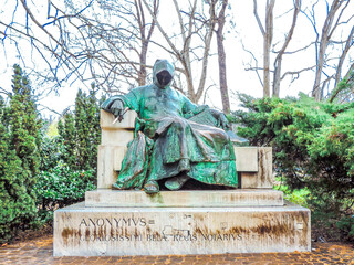 Budapest, Hungary, March 2016 - statue in Budapest's Vajdahunyad Castle of Gallus Anonymus, author of The Deeds of the Hungarians 