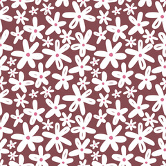Daisy flowers seamless pattern on dark pink background. Vector illustration