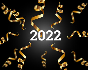 Festive serpentine on New Year's Eve on a black background and the inscription 2022
