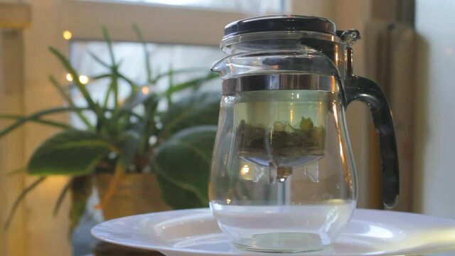 footage of a teapot of green tea spinning on a plate against the background of domestic plants