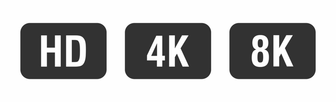 8K 4K HD video format vector icon isolated on white background. Web tv screen concept. High resolution. Vector illustration