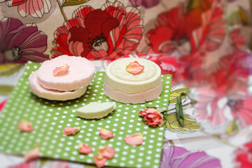 Handmade bath bombs with dried rose petals. Natural cosmetics background