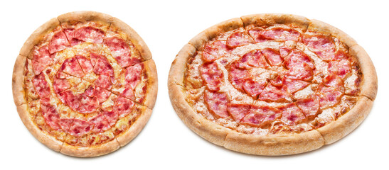 Delicious pizza with mozzarella, bacon and tomato sauce, isolated on white background