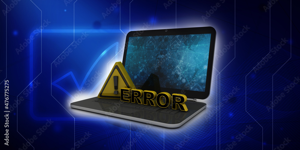 Poster 3d rendering exclamation sign with error in laptop