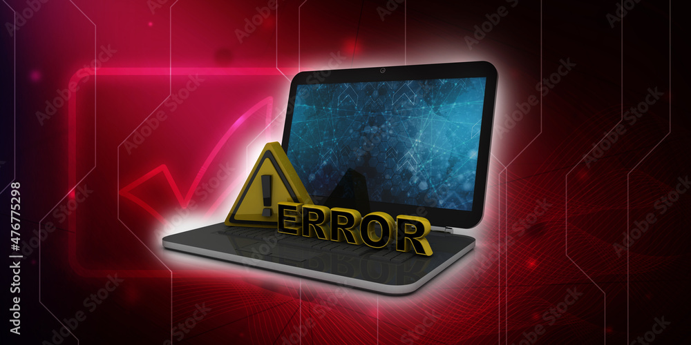 Poster 3d rendering exclamation sign with error in laptop
