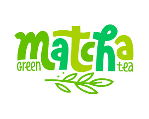 Matcha lettering design. Decoration with green leaves for tea product. Hand-drawn vector calligraphy. Asian japanese beverage. Green tea drink. Logo.