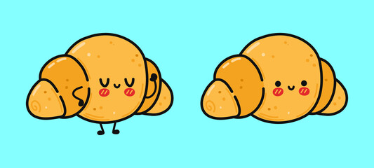Funny cute happy croissant characters bundle set. Vector kawaii line cartoon style illustration. Cute croissant mascot character collection