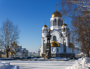 Church-monument on blood in Yekaterinburg (Russia) and the Patriarch's courtyard on a sunny winter...