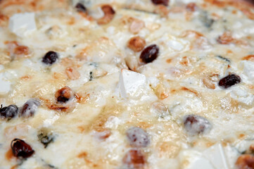 Top view tasty italian pizza on dark background