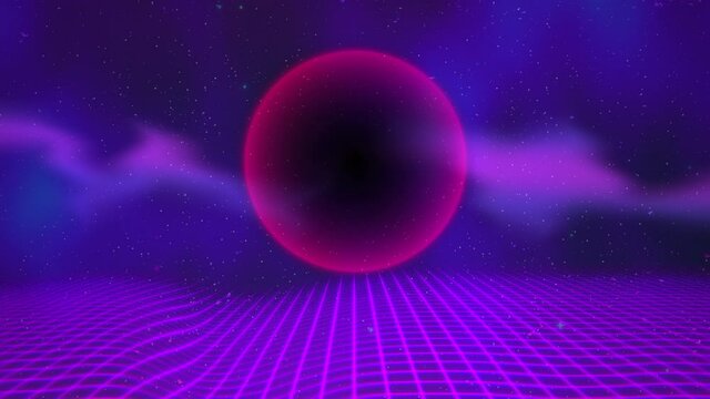 Purple neon grid with big disco ball and sky stars in 80s style, motion abstract cyber, futuristic and retro style background