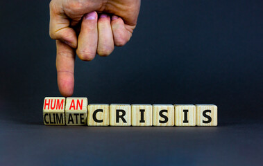 Climate or human crisis symbol. Businessman turns wooden cubes and changes words climate crisis to human crisis. Beautiful grey background, copy space. Ecological climate or human crisis concept.