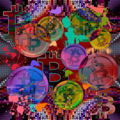 Bitcoin tokens seamless pattern. Colorful graffiti style bitcoins background. Modern textured repeat dirty backdrop. Bit coins virtual crypto ornament.  Splashes, brush strockes, virtual coin symbols