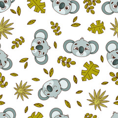 Seamless pattern with cartoon koala faces among tropical leaves. Endless texture. Vector illustration