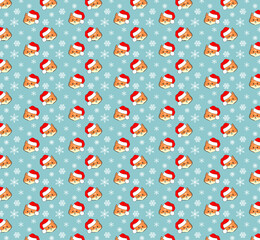 Festive Christmas background with a red cat in a red Santa hat and white snowflakes