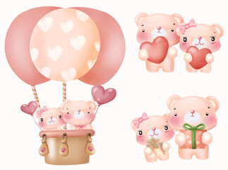 Pink Valentine Bears Couple watercolor vector with Heart , Balloon air fire and Gift box