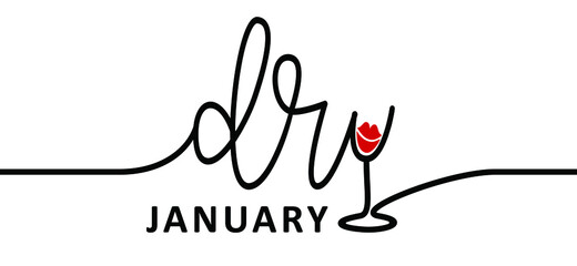 No alcohol during in janyari. Slogan dry january. Alcohol free month. Stop drinking or alcohols. Vector wine glass icon. Line pattern. Love kiss lips