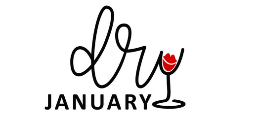 No alcohol during in janyari. Slogan dry january. Alcohol free month. Stop drinking or alcohols. Vector wine glass icon. Line pattern. Love kiss lips