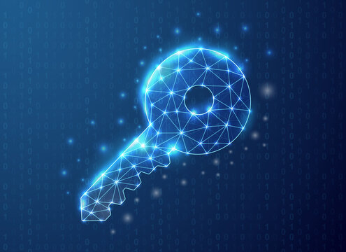 Key polygonal symbol with blue binary code background. Security concept design vector illustration. Blue Key low polysymbol for landing page, advertising page.