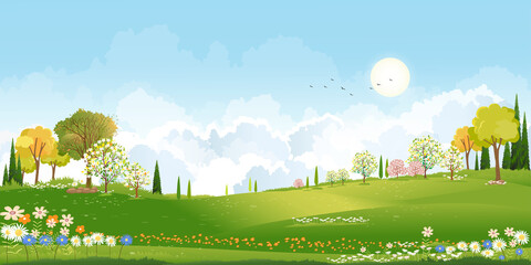 Spring green fields landscape orang, blue sky and clouds background,Panorama peaceful rural nature in springtime with green grass land in morning. Cartoon vector for spring and summer banner - obrazy, fototapety, plakaty