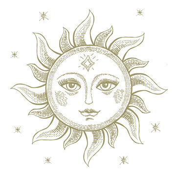 Sun face hand drawing engraving style, Engaraving sun symbol with opened eyes astrology Esoteric vector illustration