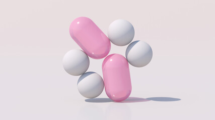 Group of white and pink glass shapes. Abstract illustration, 3d render.