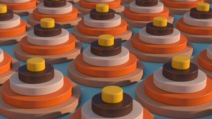 Group of orange, yellow, beige, brown circle shapes. Abstract illustration, 3d render.