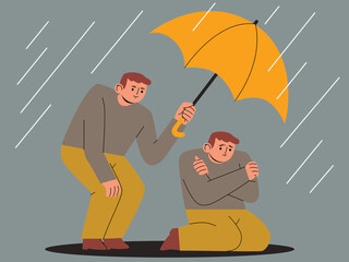 Happy man holding an umbrella to protect himself from rain. Love yourself, self care, self acceptance, mental health  concept. Hand drawn vector cartoon style illustration