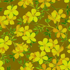 Seamless floral pattern. Hand drawn watercolor branches with blossom flowers and leaves. For textile and wallpaper design. Yellow and mustard background.