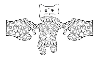 Vector Illustration Coloring Book Page Line Art Beautiful Woman Holding Cat Outline White Background