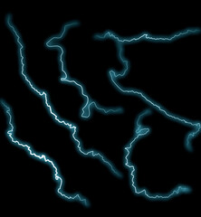 Thunderbolts. Different lightning discharges for design. A collage of lightning bolts on a black...
