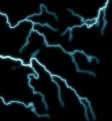 Thunderbolts. Different lightning discharges for design. A collage of lightning bolts on a black background.