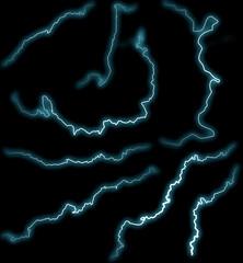 Thunderbolts. Different lightning discharges for design. A collage of lightning bolts on a black background.