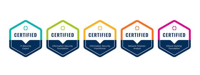 List of Computer Security Certifications Vector Design Template. Certificate Company Training Badge Logo by Criteria. - obrazy, fototapety, plakaty