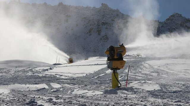 Snowmaking machine is blowing snow into air in Mount Erciyes in Kayseri Turkey