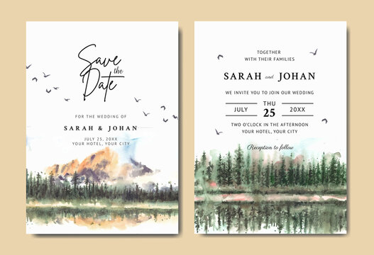 Watercolor wedding invitation with reflection of  beautiful pine trees and mountain in lake