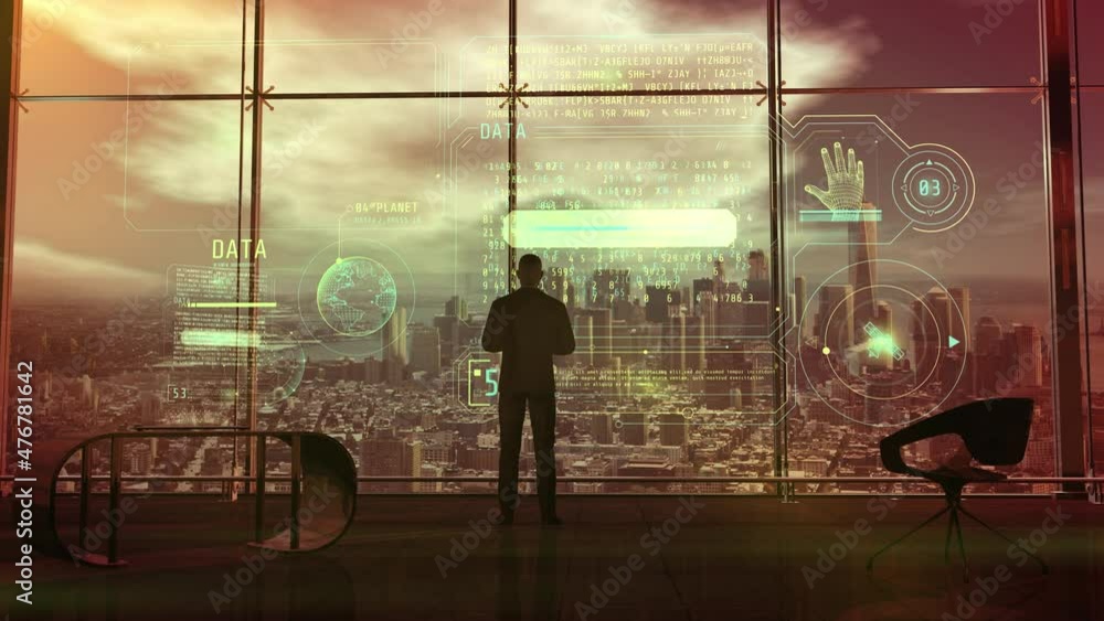 Poster a man writes code using augmented reality, 3d render.