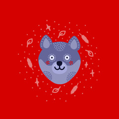 Head with expression of emotions of a funny wolf in cartoon style isolated on a colored background.