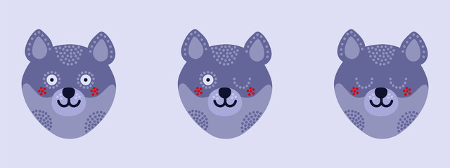 Head with expression of emotions of a funny wolf in cartoon style isolated on a colored background.