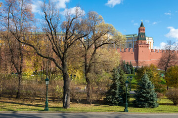 View of the Aleksandrovsky Garden on an autumn day- a park in the Tverskoy district of Moscow, located along the western Kremlin wall, stretching from Revolution Square to the Kremlin embankment. 