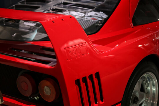 Modena, Italy, December 2021, MEF Ferrari Museum birth home of Enzo Ferrari, Ferrari F40, year 1987, details of the super car