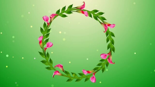 Natural Magic Warm Green Circle Frame Vine Pink Calla Lily Flowers And Leaves Sway In The Wind With Twinkling Glitter Dust Flying, Isolated With Black And Alpha Matte, Last 10 Seconds Seamless Loop