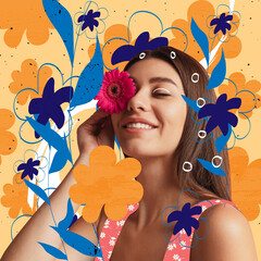 Bright artwork. Beautiful romantic girl on drawn colorful floral background. Contemporary collage....