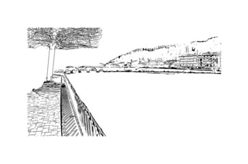 Building view with landmark of Lecco is the 
city in Italy. Hand drawn sketch illustration in vector.