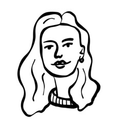 Contemporary young woman portrait, teenager girl with tender smile, line art girl's face.