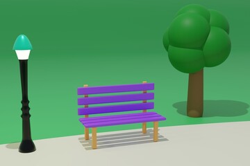 A Bench, A Lamp Post and a Tree at a park. 3d render